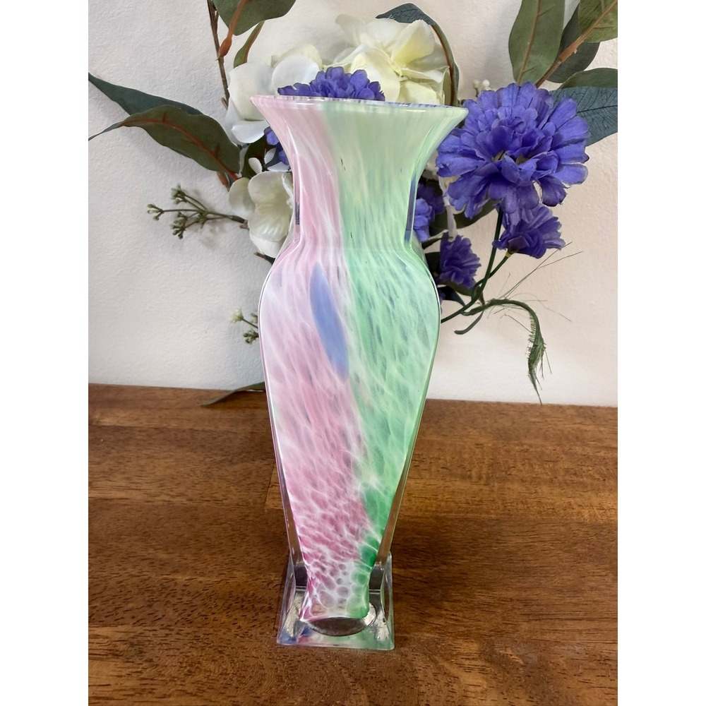 Vintage Murano Style Art Glass Vase Pink Green Blue‎ Cased Swirl Sculptural Vase